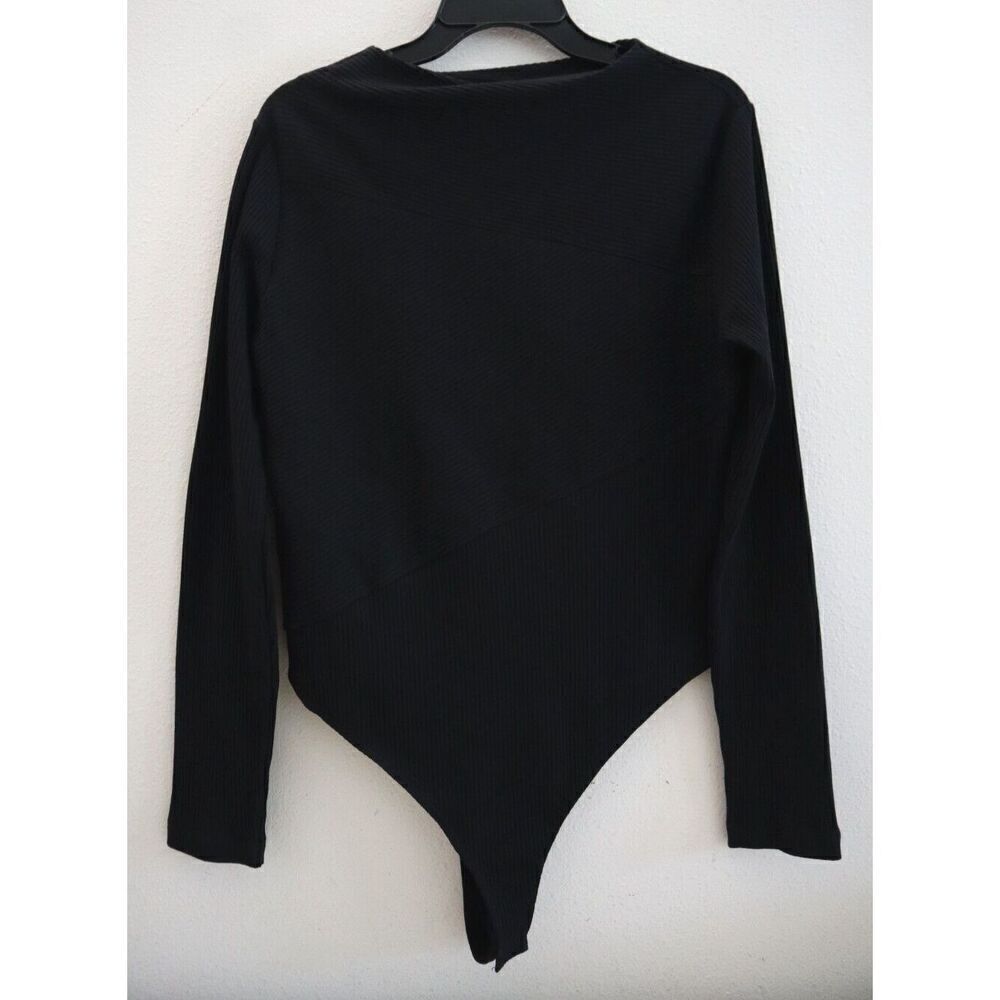 AllSaints WM168U Women's Sz 12 Black Gia Seamed Ribbed Long Sleeve Bodysuit